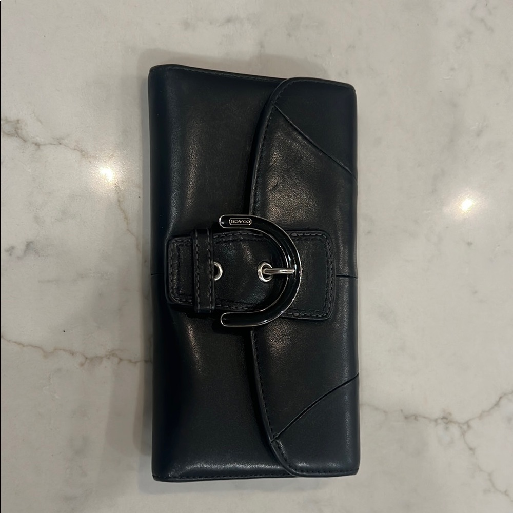 Like New Black Leather Coach Wallet with Buckle and baby blue inner lining